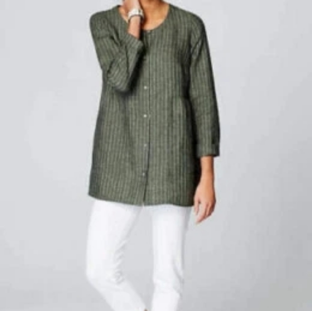 J.jill Pure Linen Tunic Jacket  Pinstripe Green Size L